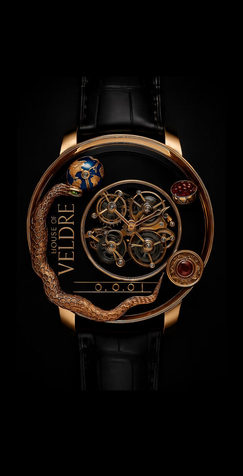 Close-up of the Amaramia Veldré dial showing exposed tourbillon, sculpted serpent, ruby accents and layered mechanical architecture.